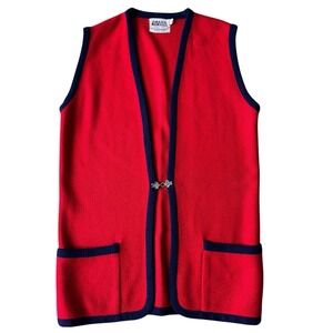 Vintage 60s Amana Woolen Mills Long Clasp Red Navy Vest USA Sz 40 Orlon Acrylic